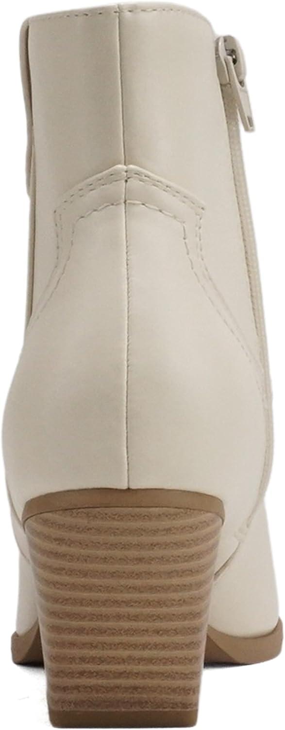 imageSoda ABEAM  Women Pointed Toe Medium Heel Ankle Shaft Western Boot Bootie with Side ZipperOff White Pu