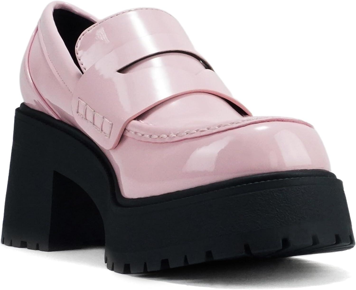 imageSoda AMP  Women Round Toe SlipOn Lug Sole High Heel Penny Loafer ShoeLight Pink Patent