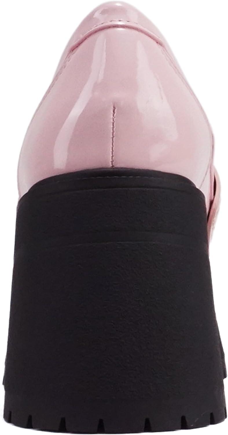 imageSoda AMP  Women Round Toe SlipOn Lug Sole High Heel Penny Loafer ShoeLight Pink Patent