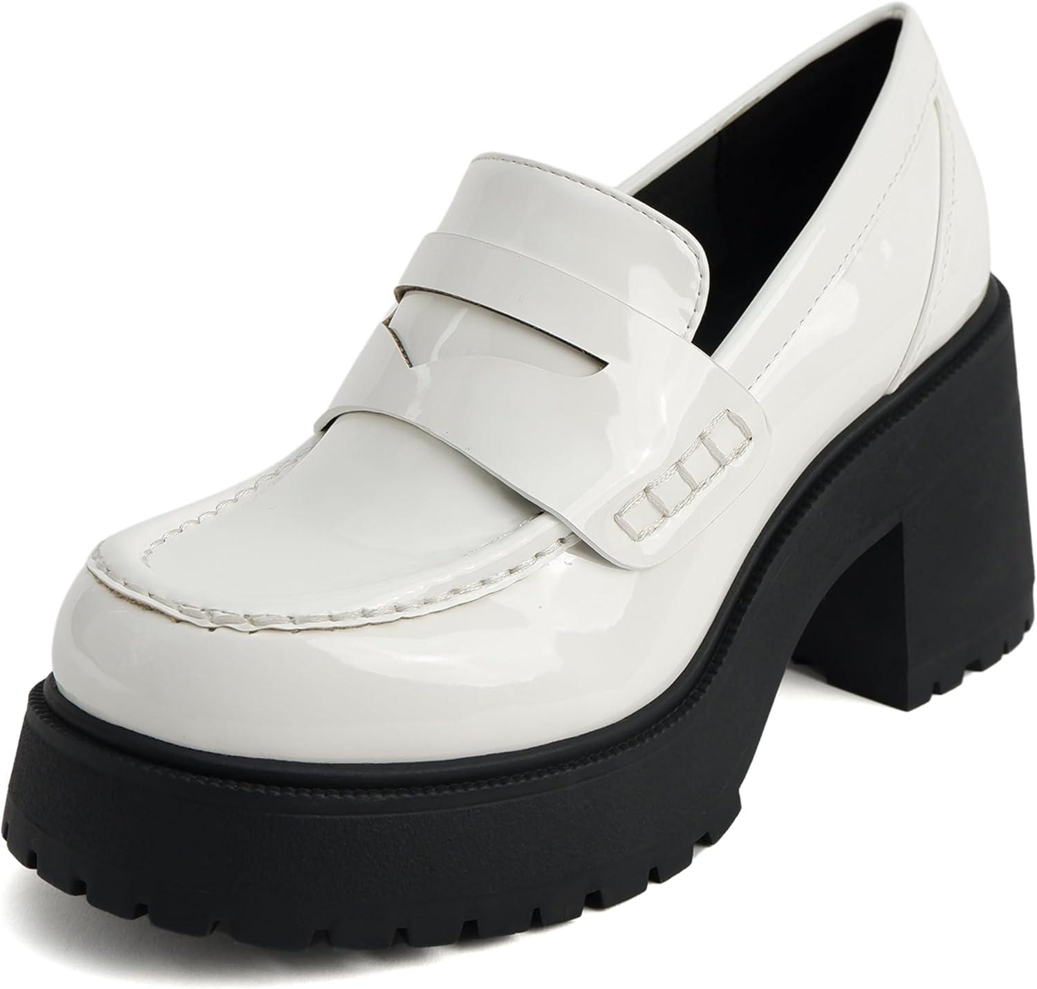imageSoda AMP  Women Round Toe SlipOn Lug Sole High Heel Penny Loafer ShoeWhite Patent