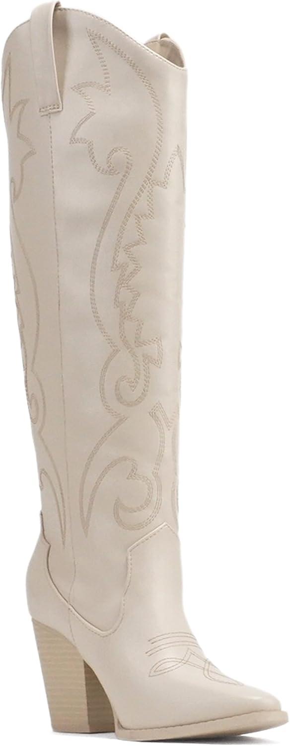 imageSoda ARCADE  Women Almond Toe Stitch Detail PullOn High Heel KneeHigh Western BootBone Pu