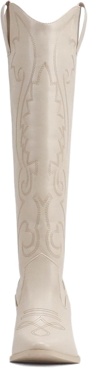 imageSoda ARCADE  Women Almond Toe Stitch Detail PullOn High Heel KneeHigh Western BootBone Pu