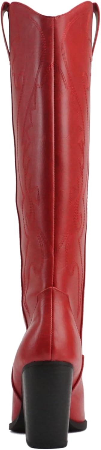 imageSoda ARCADE  Women Almond Toe Stitch Detail PullOn High Heel KneeHigh Western BootRed Pu