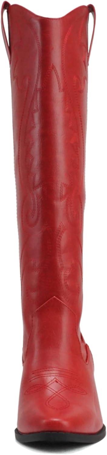 imageSoda ARCADE  Women Almond Toe Stitch Detail PullOn High Heel KneeHigh Western BootRed Pu