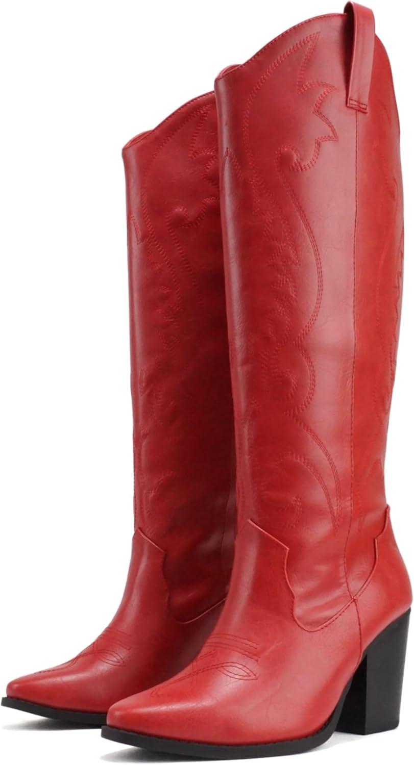 imageSoda ARCADE  Women Almond Toe Stitch Detail PullOn High Heel KneeHigh Western BootRed Pu
