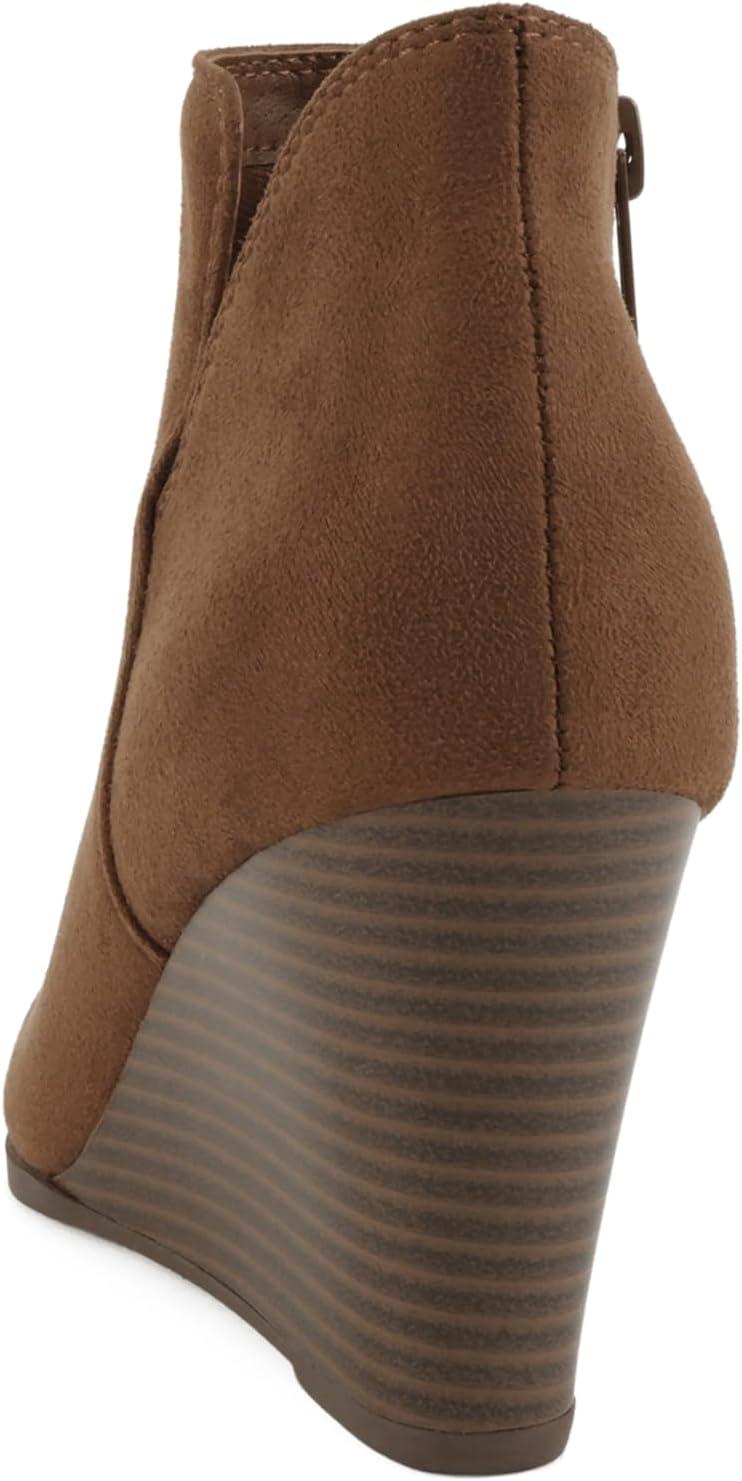 imageSoda Ability  Mid Ankle Bootie wSplit Shaft and Zipper Stacked Wedge HeelCognac Imsu