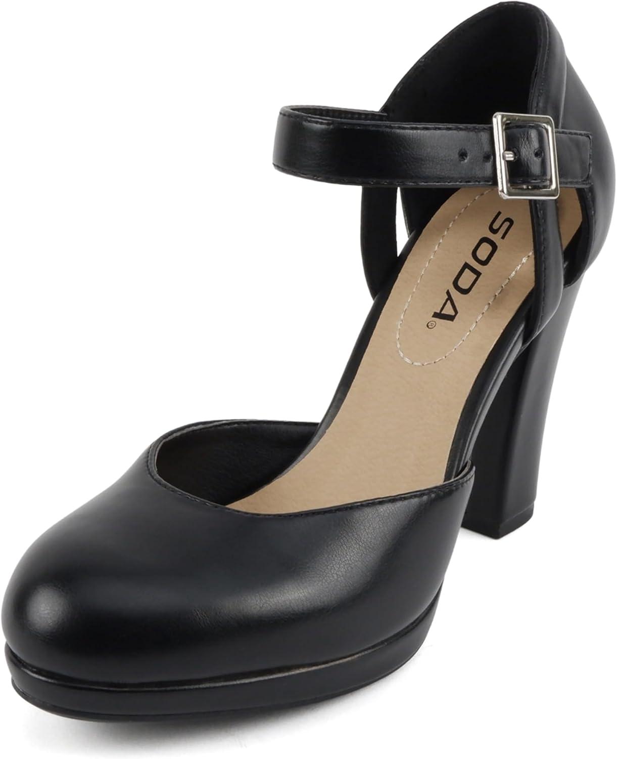 imageSoda Ayden  Women Mary Jane Ankle Strap Cushion High Heel Pump ShoeBlack Pu T