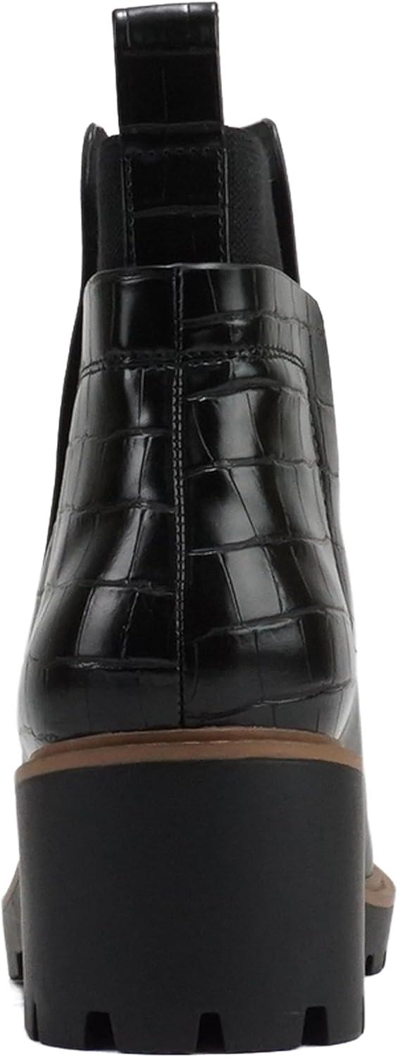 imageSoda BAIT  Women Round Toe PullOn Elastic Gore TwoTone Print Lug Sole Low Wedge Heel Ankle BootBlackCroco Pu