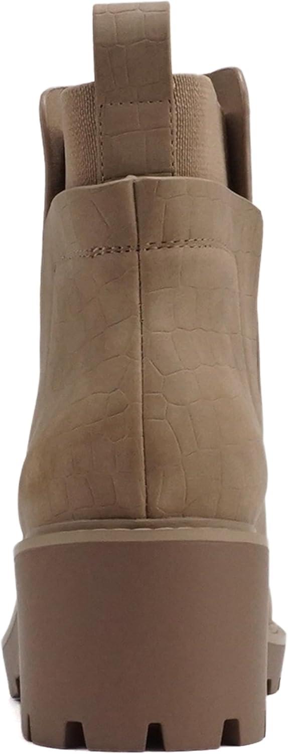 imageSoda BAIT  Women Round Toe PullOn Elastic Gore TwoTone Print Lug Sole Low Wedge Heel Ankle BootLatteCroco Nubuck