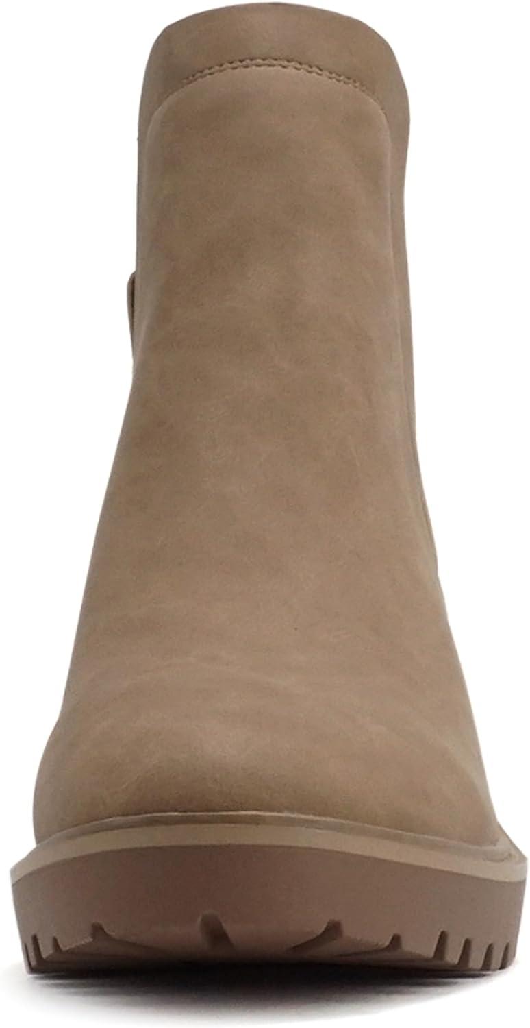imageSoda BAIT  Women Round Toe PullOn Elastic Gore TwoTone Print Lug Sole Low Wedge Heel Ankle BootLatteCroco Nubuck