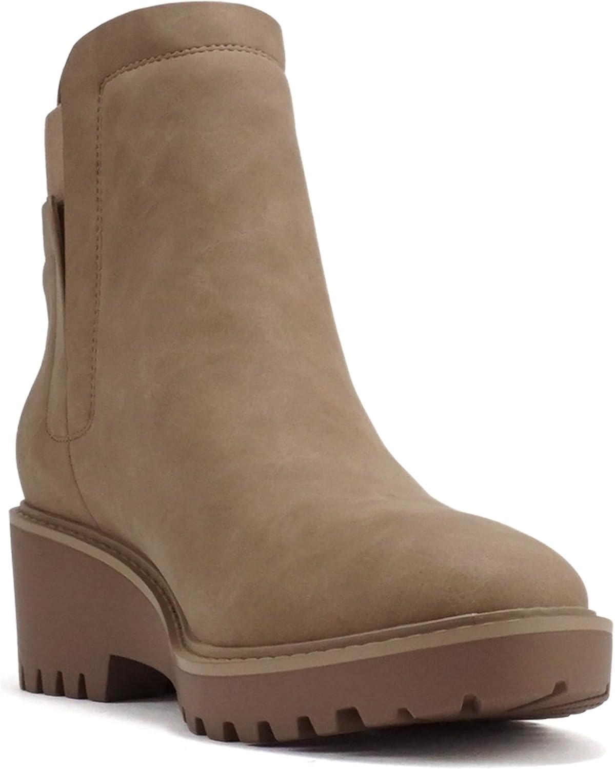 imageSoda BAIT  Women Round Toe PullOn Elastic Gore TwoTone Print Lug Sole Low Wedge Heel Ankle BootLatteCroco Nubuck