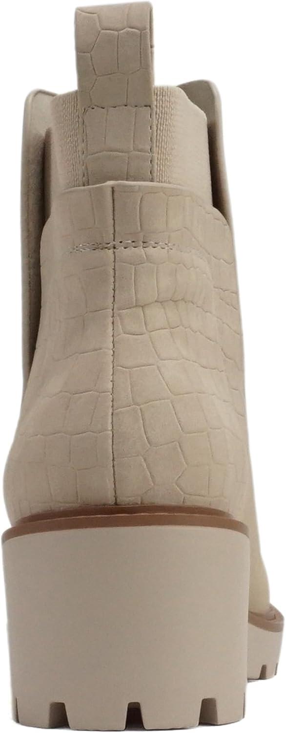 imageSoda BAIT  Women Round Toe PullOn Elastic Gore TwoTone Print Lug Sole Low Wedge Heel Ankle BootStoneCroco Nubuck