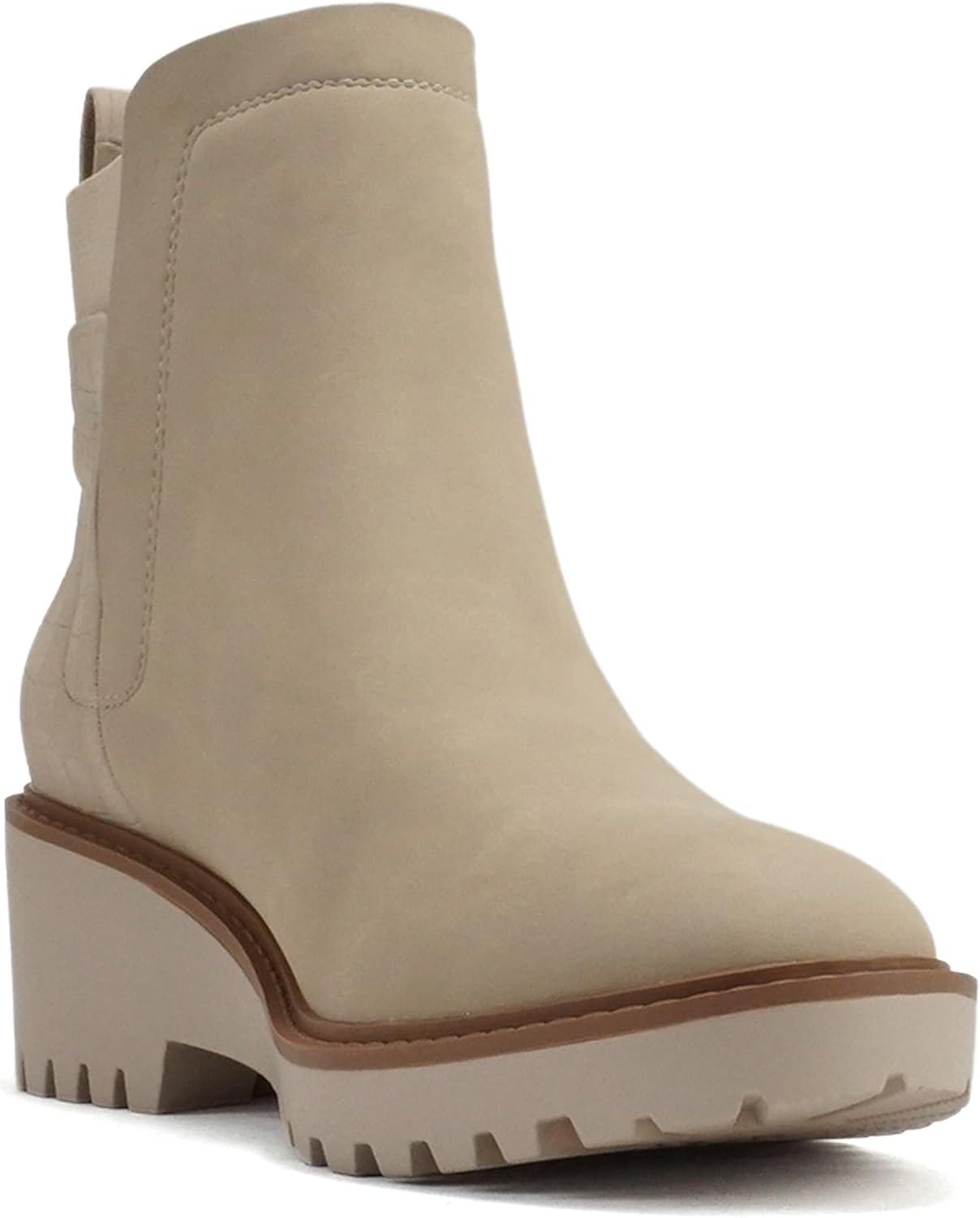 imageSoda BAIT  Women Round Toe PullOn Elastic Gore TwoTone Print Lug Sole Low Wedge Heel Ankle BootStoneCroco Nubuck