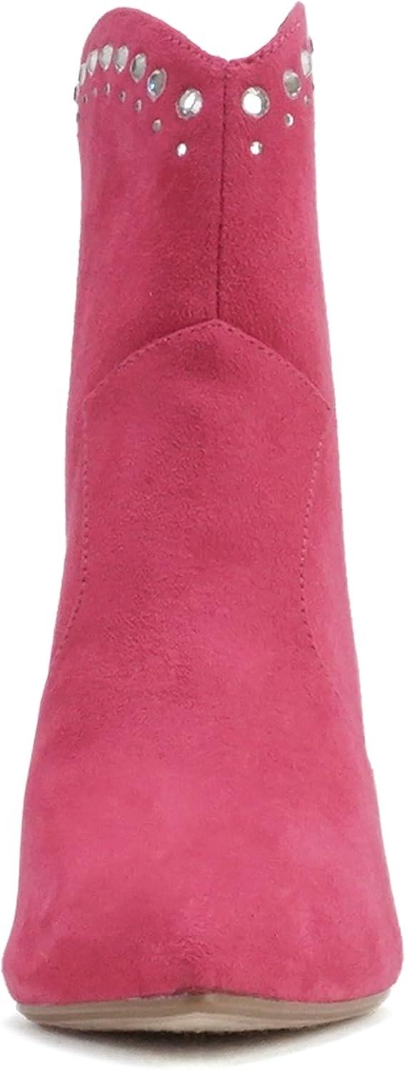 imageSoda BANGLE  Women Pointed Toe Stiletto High Heel Rhinestone Western Ankle Boot with Back ZipperFuchsia Imitation Suede