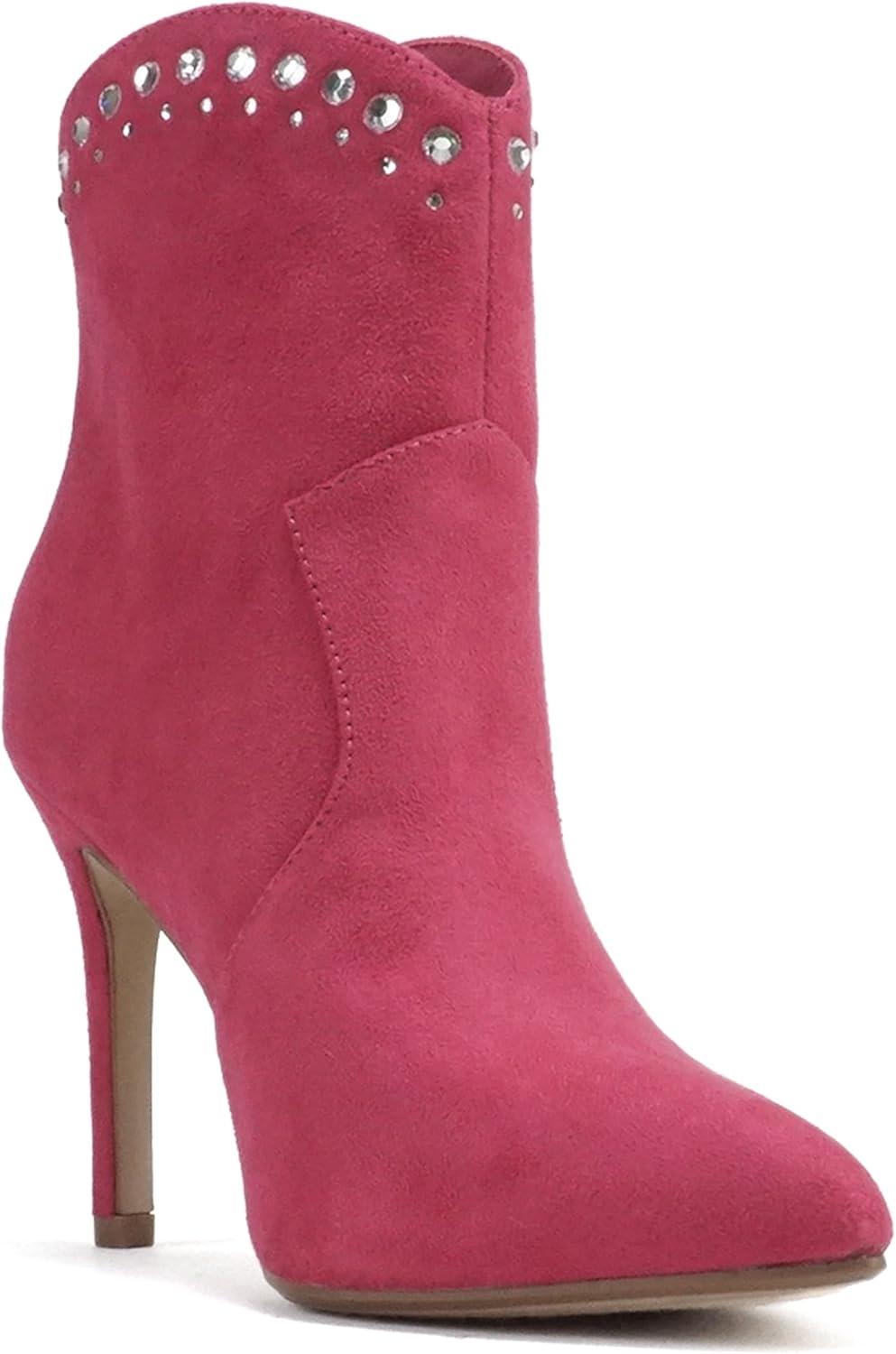 imageSoda BANGLE  Women Pointed Toe Stiletto High Heel Rhinestone Western Ankle Boot with Back ZipperFuchsia Imitation Suede
