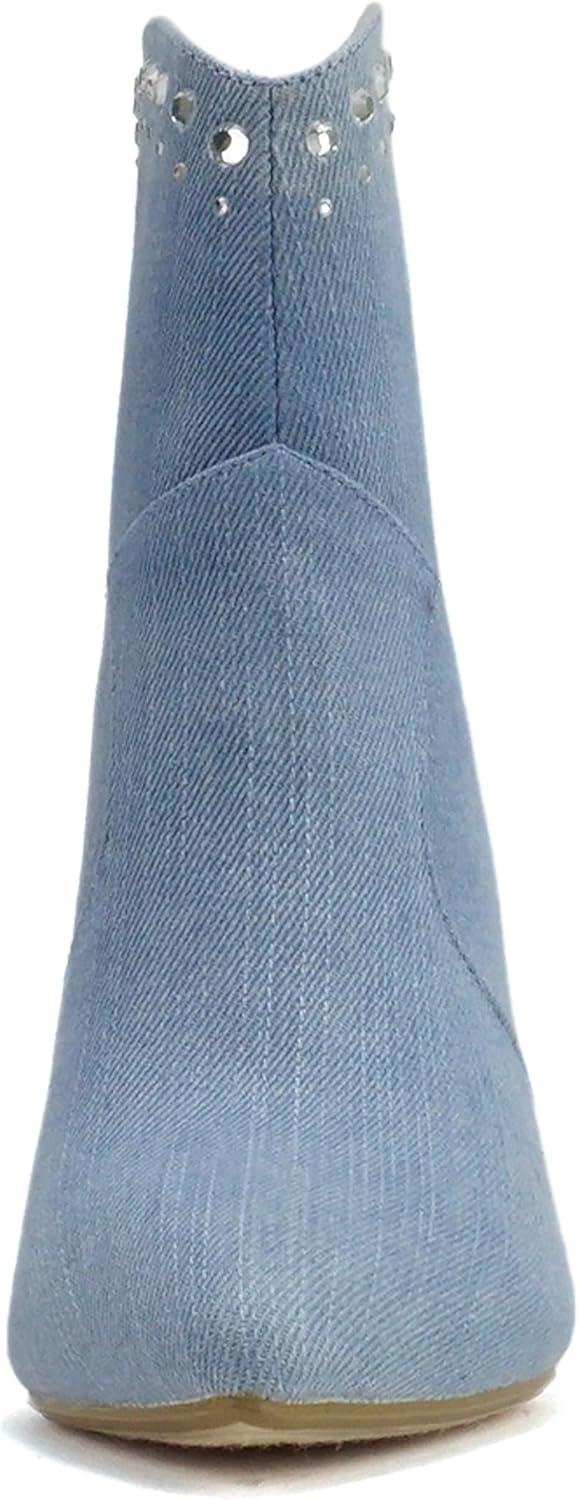 imageSoda BANGLE  Women Pointed Toe Stiletto High Heel Rhinestone Western Ankle Boot with Back ZipperLight Blue Denim