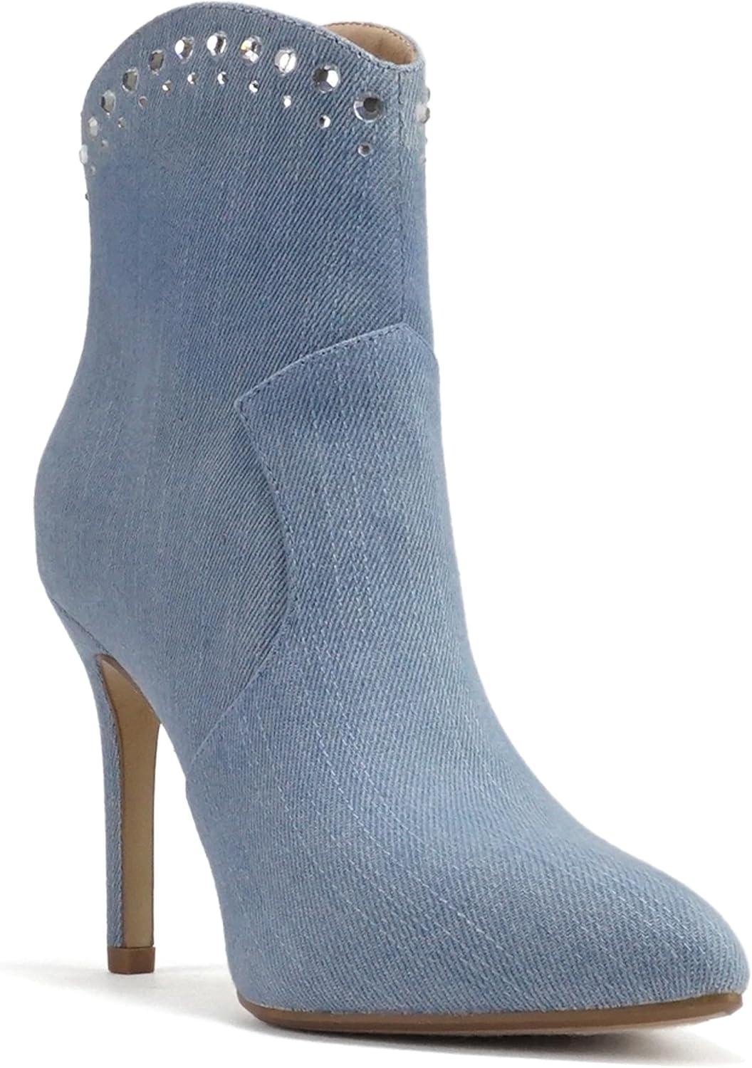 imageSoda BANGLE  Women Pointed Toe Stiletto High Heel Rhinestone Western Ankle Boot with Back ZipperLight Blue Denim