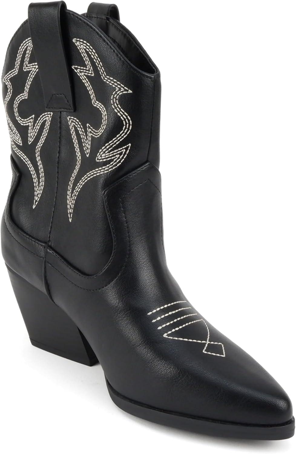 imageSoda BLAZING  Women Western Bootie Pointe Toe with Low Heel Wide Fit AvailableBlackOff White Stitch