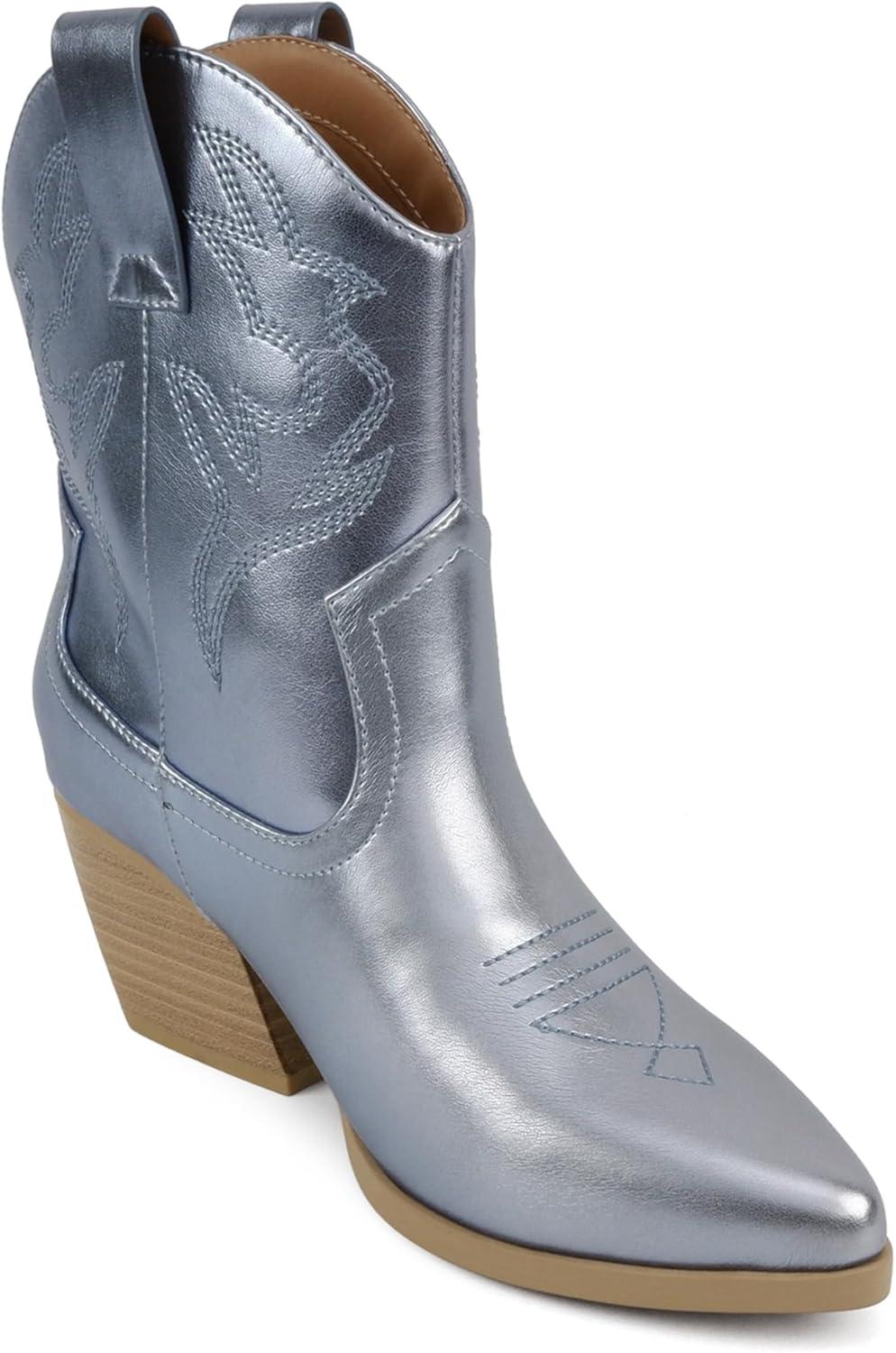 imageSoda BLAZING  Women Western Bootie Pointe Toe with Low Heel Wide Fit AvailableBlue Metallic Pu