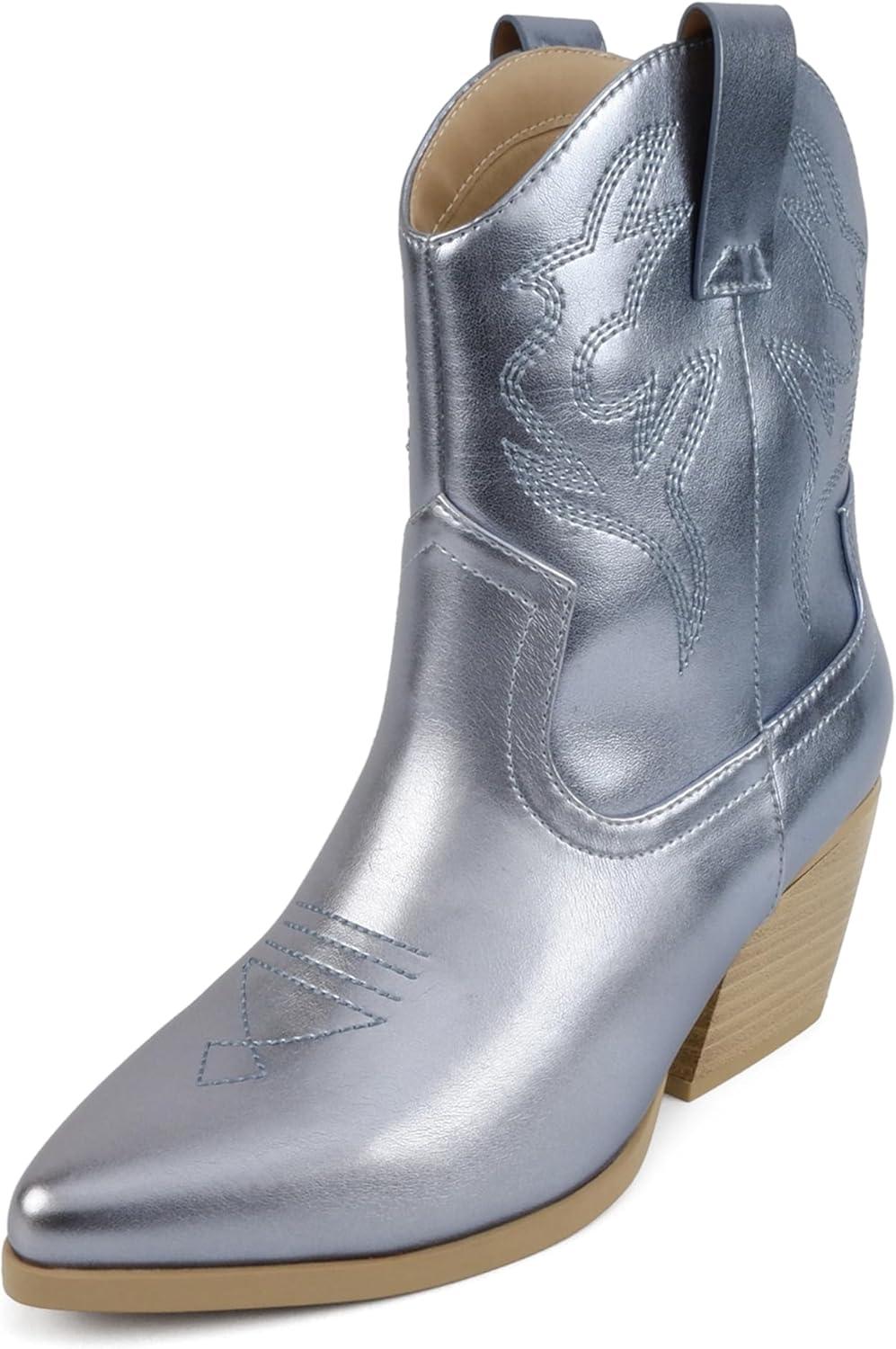 imageSoda BLAZING  Women Western Bootie Pointe Toe with Low Heel Wide Fit AvailableBlue Metallic Pu
