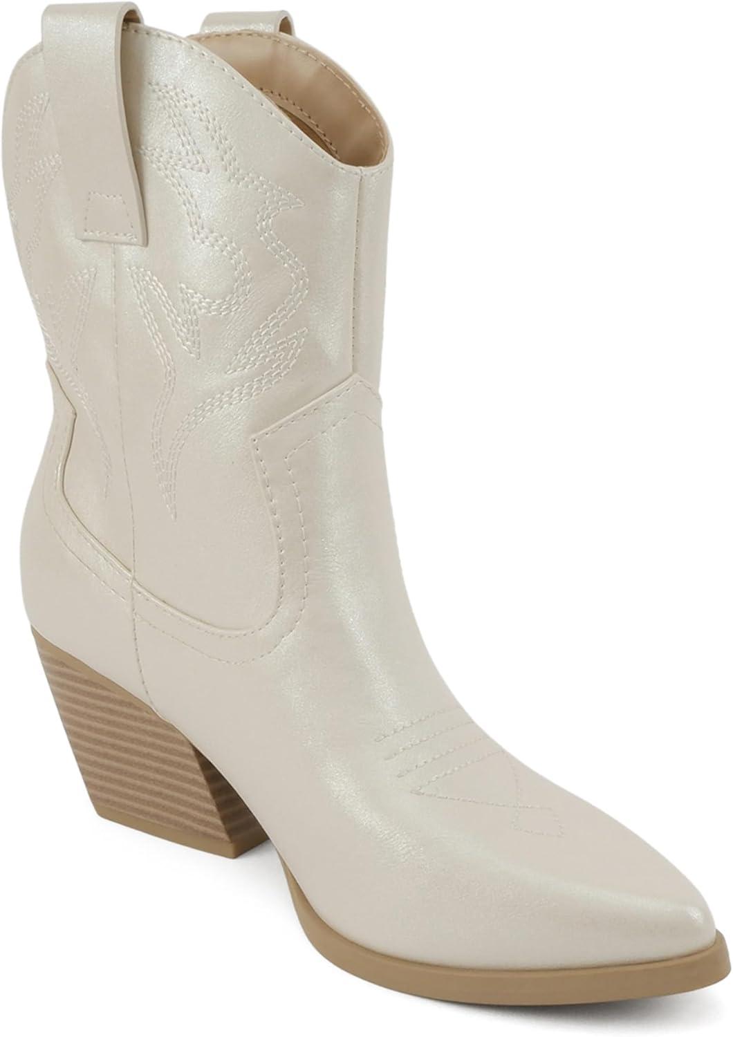 imageSoda BLAZING  Women Western Bootie Pointe Toe with Low Heel Wide Fit AvailableCream Pearl Pu