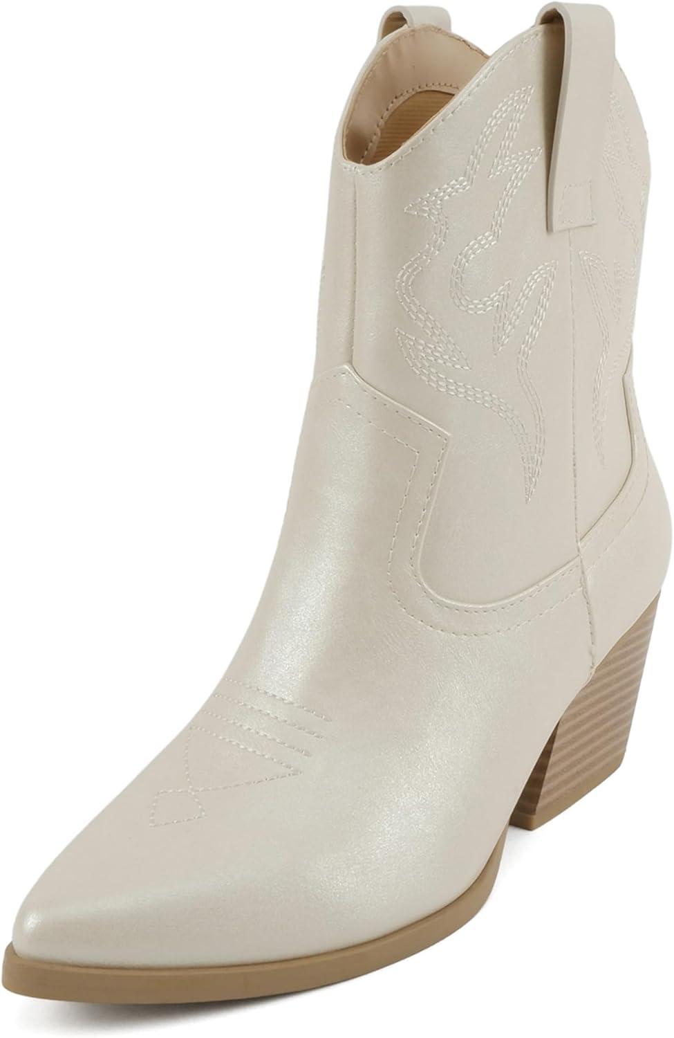 imageSoda BLAZING  Women Western Bootie Pointe Toe with Low Heel Wide Fit AvailableCream Pearl Pu