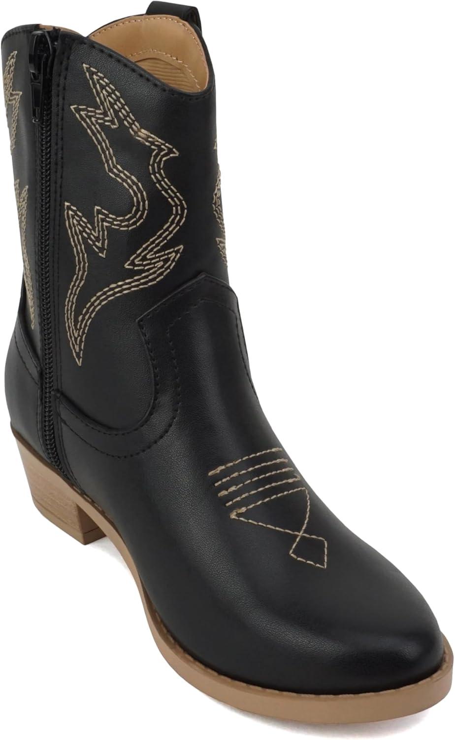 imageSoda BLAZING2  Little KidsChildrenGirls Stitched Pointed Toe Low Heel High Top Ankle Shaft Western Boot BootieBlack Pu