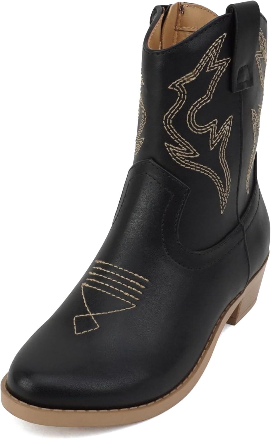 imageSoda BLAZING2  Little KidsChildrenGirls Stitched Pointed Toe Low Heel High Top Ankle Shaft Western Boot BootieBlack Pu