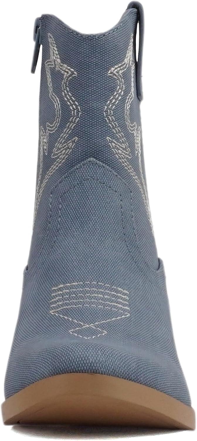imageSoda BLAZING2  Little KidsChildrenGirls Stitched Pointed Toe Low Heel High Top Ankle Shaft Western Boot BootieDenim Blue