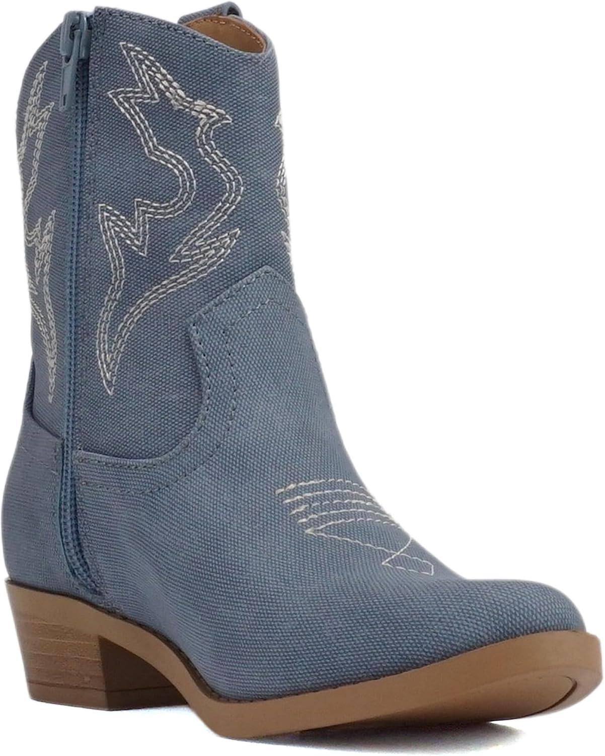 imageSoda BLAZING2  Little KidsChildrenGirls Stitched Pointed Toe Low Heel High Top Ankle Shaft Western Boot BootieDenim Blue