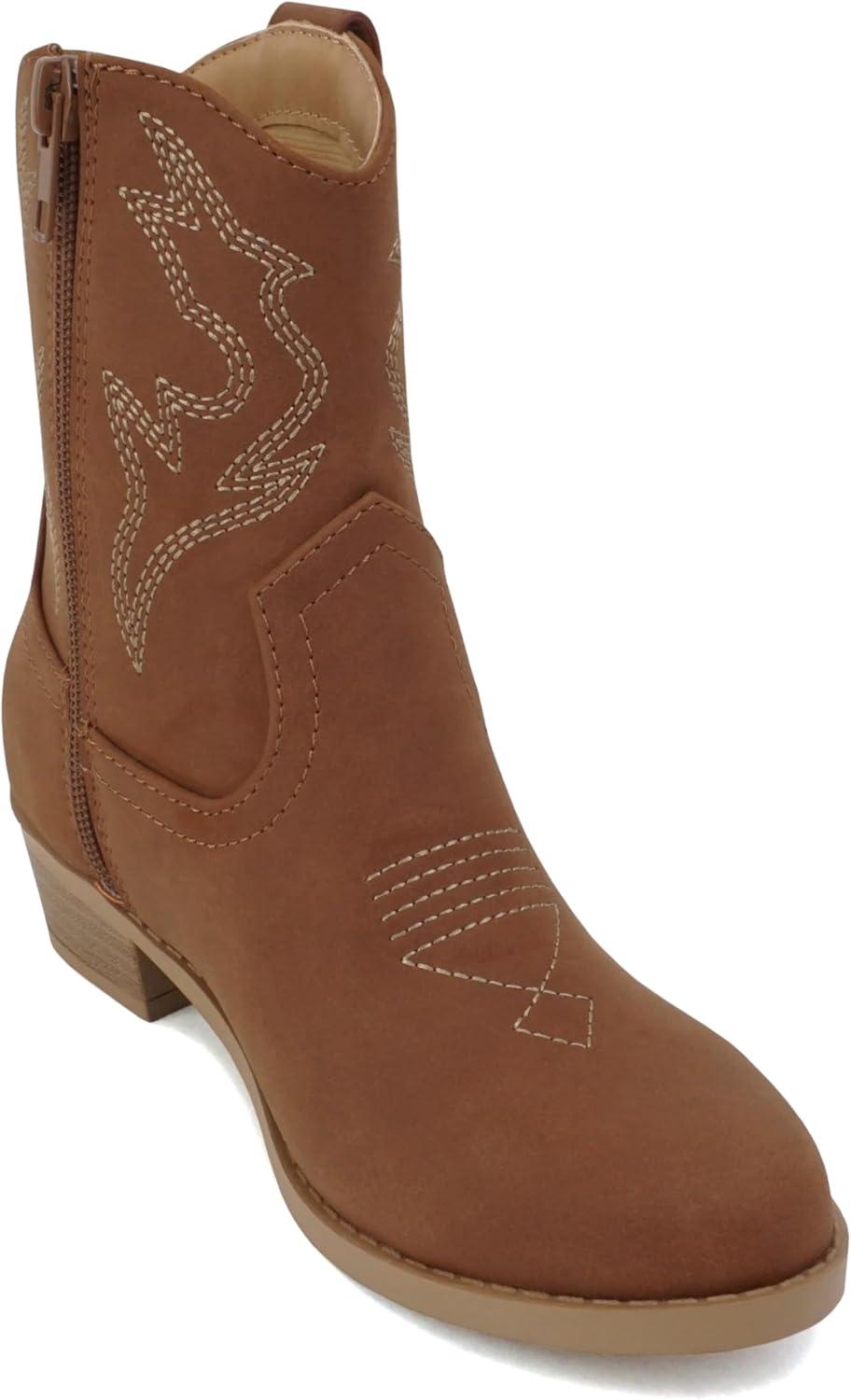 imageSoda BLAZING2  Little KidsChildrenGirls Stitched Pointed Toe Low Heel High Top Ankle Shaft Western Boot BootieLight Cognac Nubuck