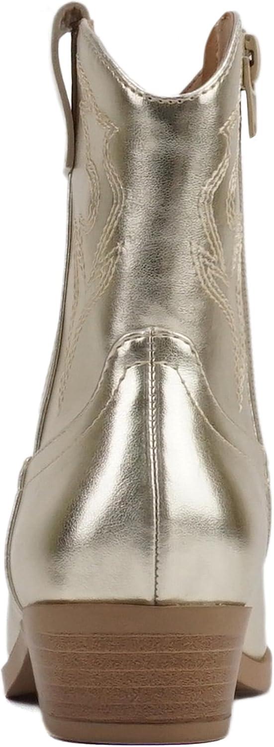 imageSoda BLAZING2  Little KidsChildrenGirls Stitched Pointed Toe Low Heel High Top Ankle Shaft Western Boot BootieLight Gold Metallic Pu