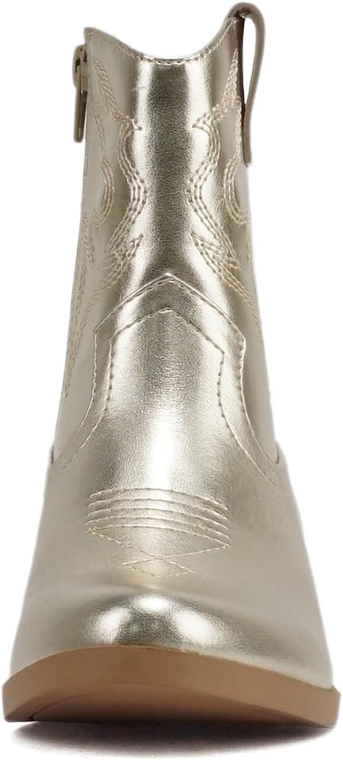 imageSoda BLAZING2  Little KidsChildrenGirls Stitched Pointed Toe Low Heel High Top Ankle Shaft Western Boot BootieLight Gold Metallic Pu