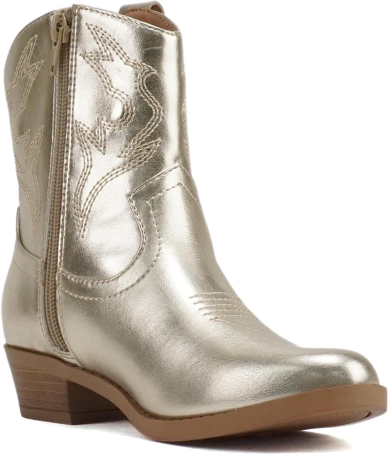 imageSoda BLAZING2  Little KidsChildrenGirls Stitched Pointed Toe Low Heel High Top Ankle Shaft Western Boot BootieLight Gold Metallic Pu