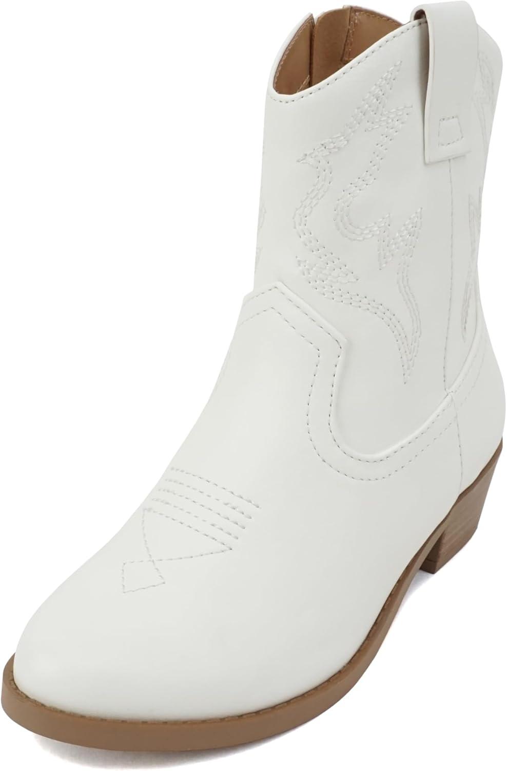 imageSoda BLAZING2  Little KidsChildrenGirls Stitched Pointed Toe Low Heel High Top Ankle Shaft Western Boot BootieWhite Pu