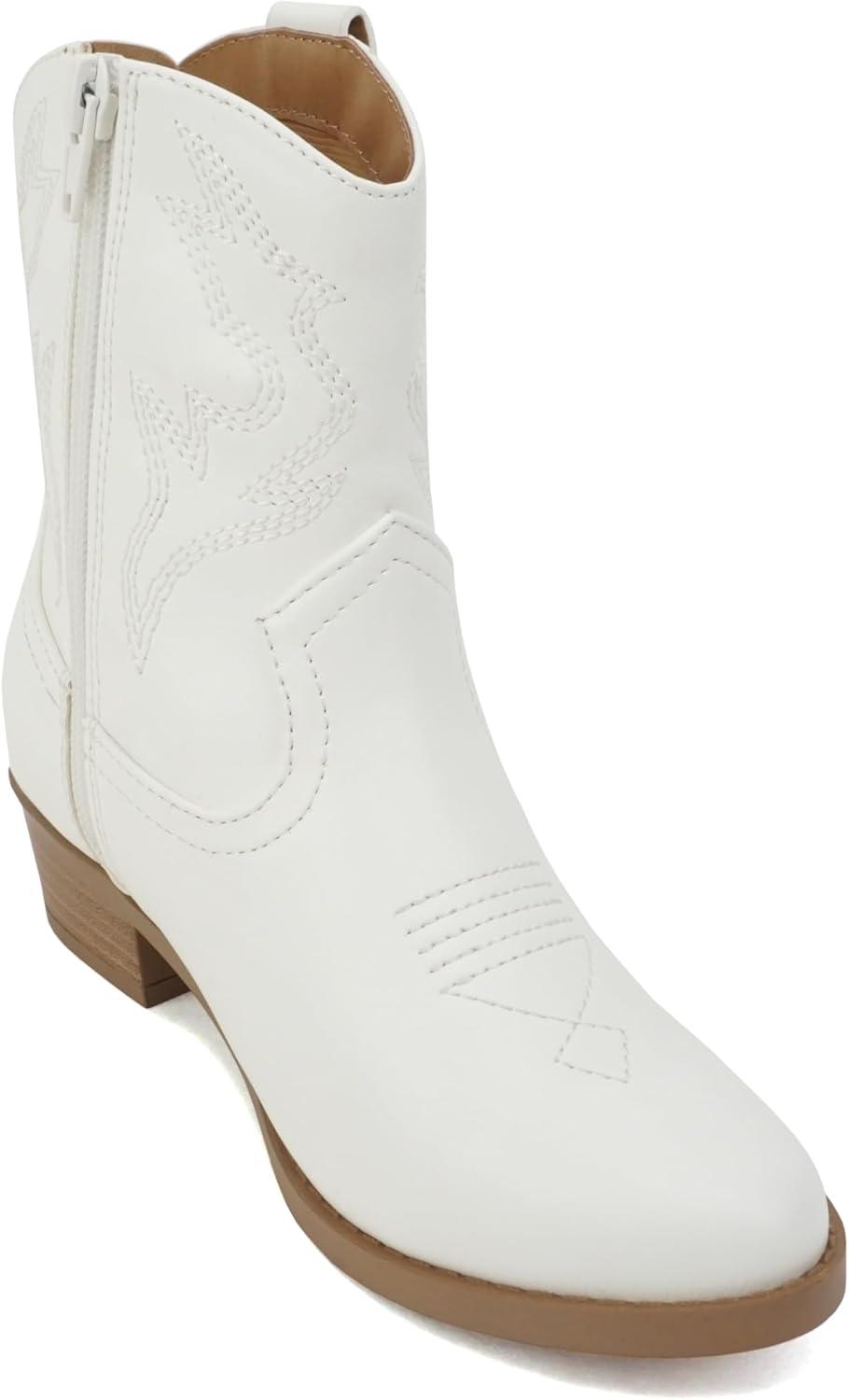imageSoda BLAZING2  Little KidsChildrenGirls Stitched Pointed Toe Low Heel High Top Ankle Shaft Western Boot BootieWhite Pu