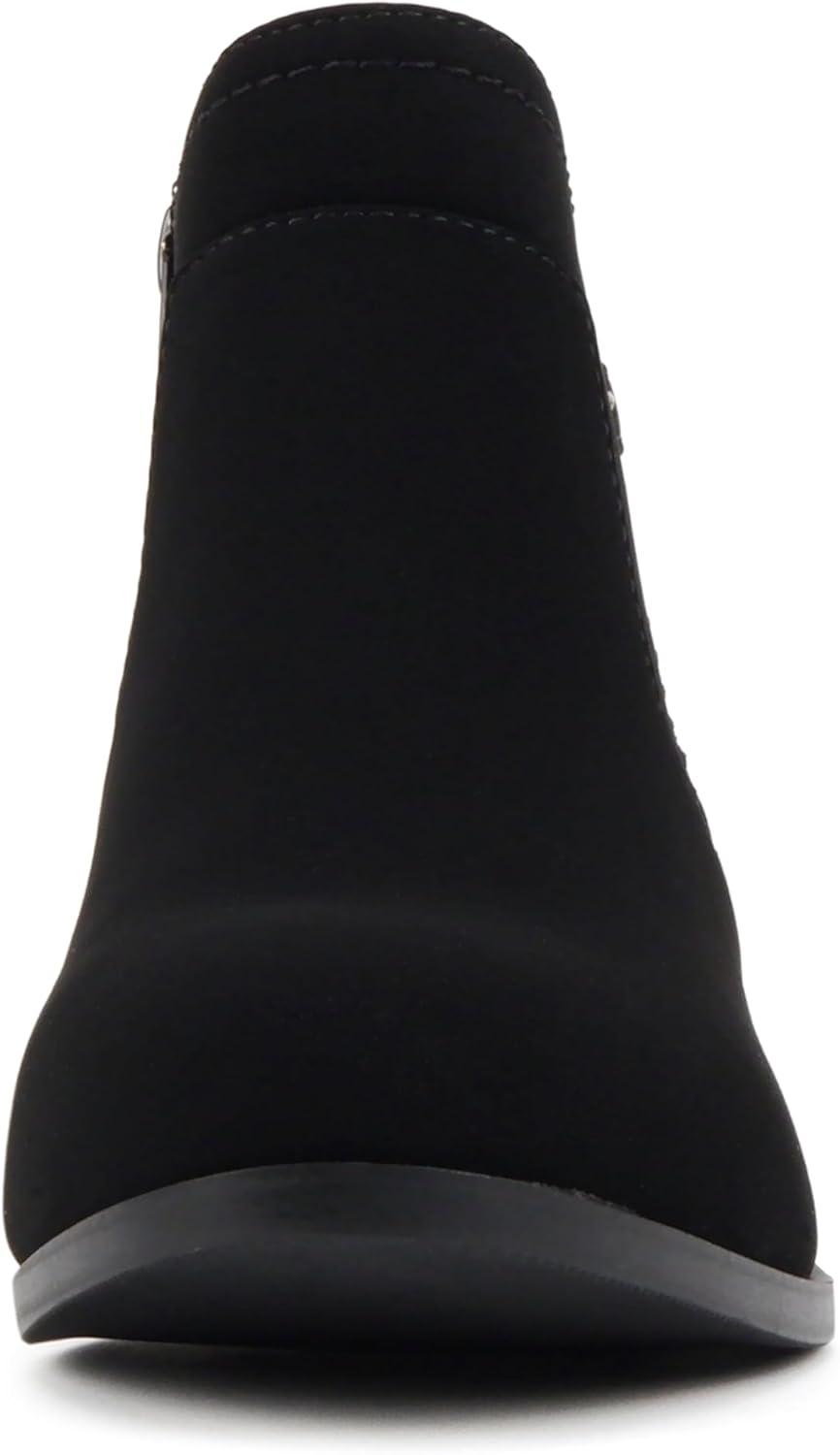 imageSoda BOYET  Women Round Toe Elastic Gore Multi Back Strap Low Stack Heel Ankle Bootie with Side ZipperBlack Nubuck