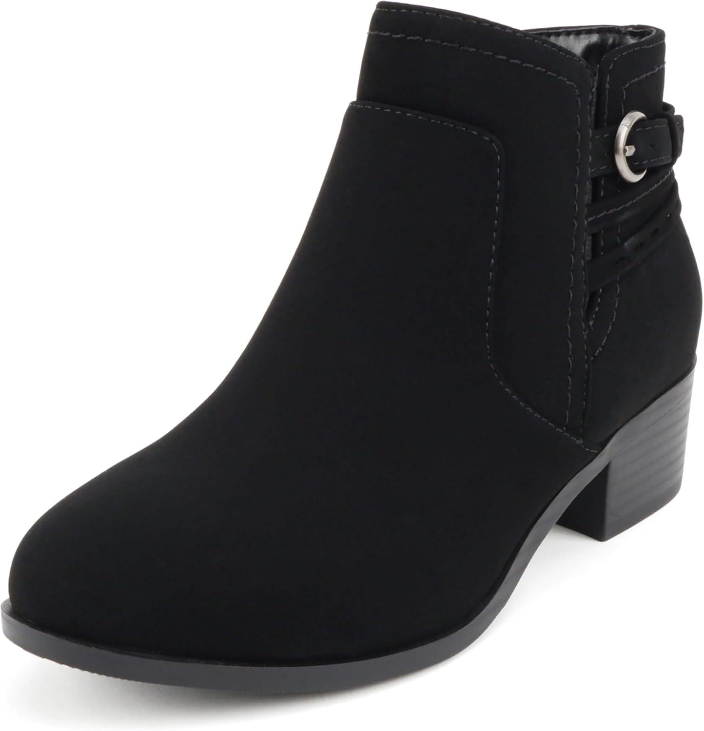 imageSoda BOYET  Women Round Toe Elastic Gore Multi Back Strap Low Stack Heel Ankle Bootie with Side ZipperBlack Nubuck