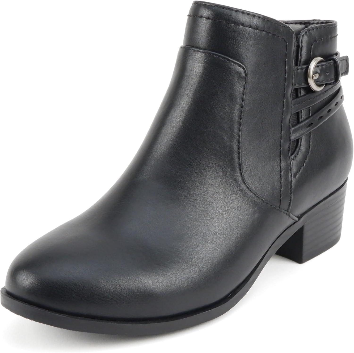 imageSoda BOYET  Women Round Toe Elastic Gore Multi Back Strap Low Stack Heel Ankle Bootie with Side ZipperBlack Pu