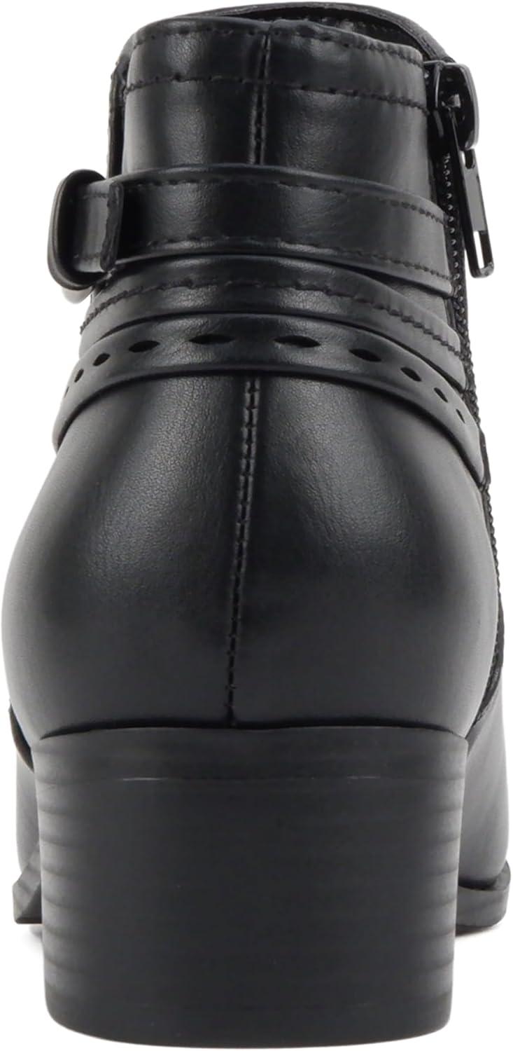 imageSoda BOYET  Women Round Toe Elastic Gore Multi Back Strap Low Stack Heel Ankle Bootie with Side ZipperBlack Pu