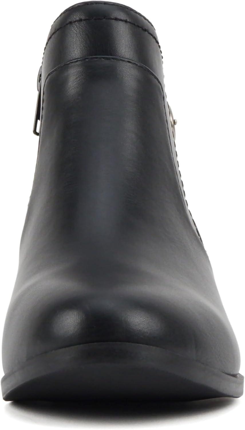 imageSoda BOYET  Women Round Toe Elastic Gore Multi Back Strap Low Stack Heel Ankle Bootie with Side ZipperBlack Pu