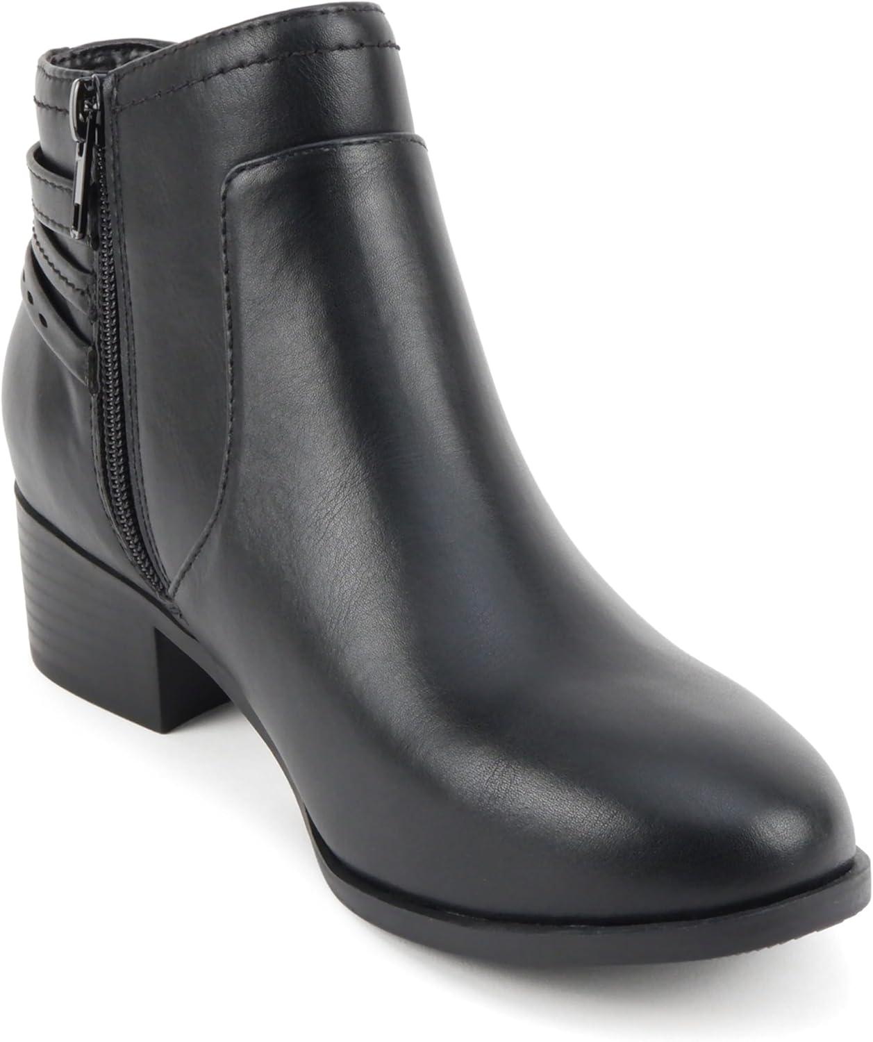 imageSoda BOYET  Women Round Toe Elastic Gore Multi Back Strap Low Stack Heel Ankle Bootie with Side ZipperBlack Pu