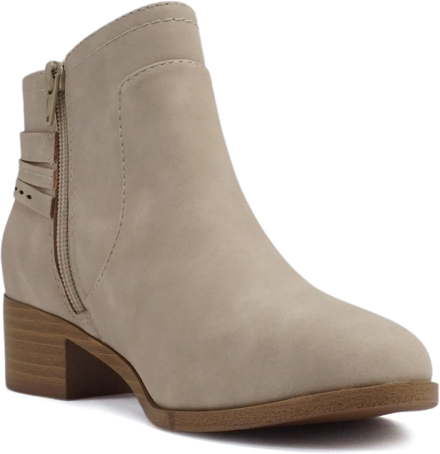 imageSoda BOYET  Women Round Toe Elastic Gore Multi Back Strap Low Stack Heel Ankle Bootie with Side ZipperClay Nubuck