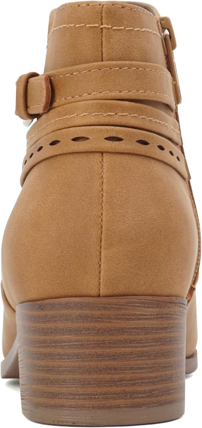 imageSoda BOYET  Women Round Toe Elastic Gore Multi Back Strap Low Stack Heel Ankle Bootie with Side ZipperTan Nubuck