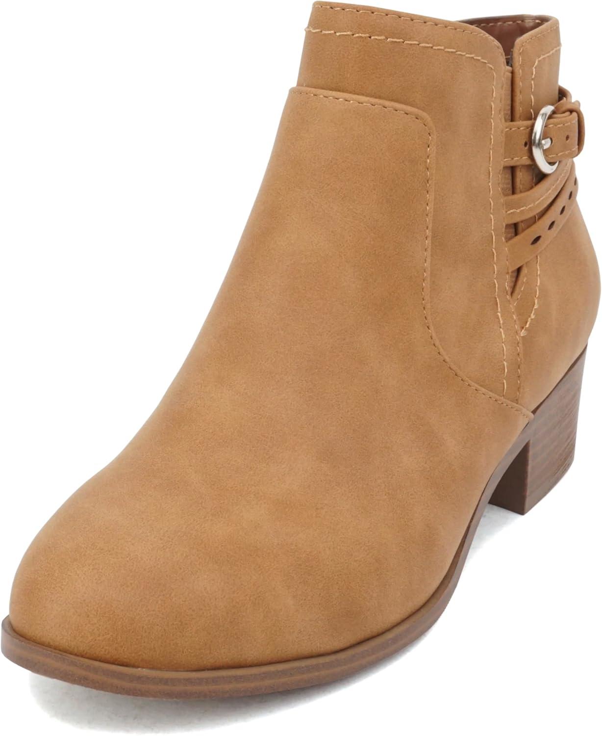 imageSoda BOYET  Women Round Toe Elastic Gore Multi Back Strap Low Stack Heel Ankle Bootie with Side ZipperTan Nubuck