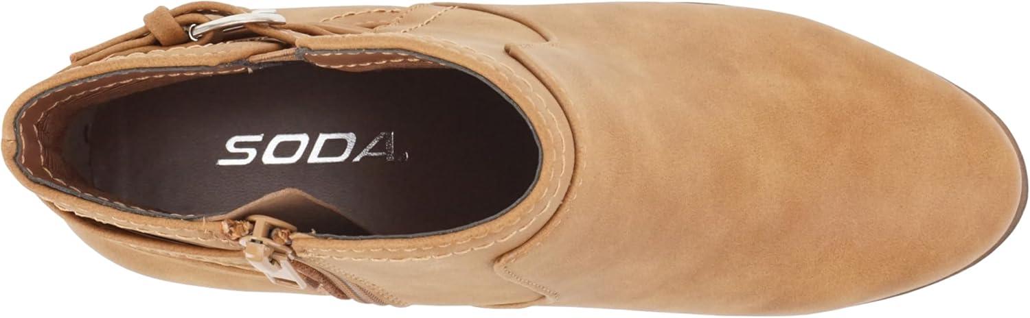 imageSoda BOYET  Women Round Toe Elastic Gore Multi Back Strap Low Stack Heel Ankle Bootie with Side ZipperTan Nubuck