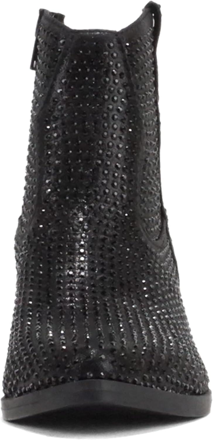 imageSoda BREW  Women Pointed Toe Low Heel Rhinestone Western Ankle Boot with Side ZipperBlack