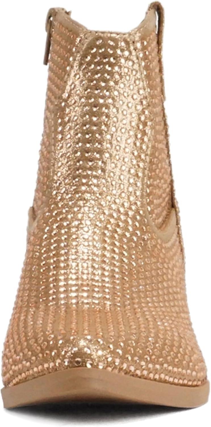 imageSoda BREW  Women Pointed Toe Low Heel Rhinestone Western Ankle Boot with Side ZipperBronze