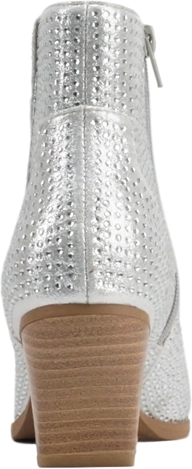 imageSoda BREW  Women Pointed Toe Low Heel Rhinestone Western Ankle Boot with Side ZipperSilver