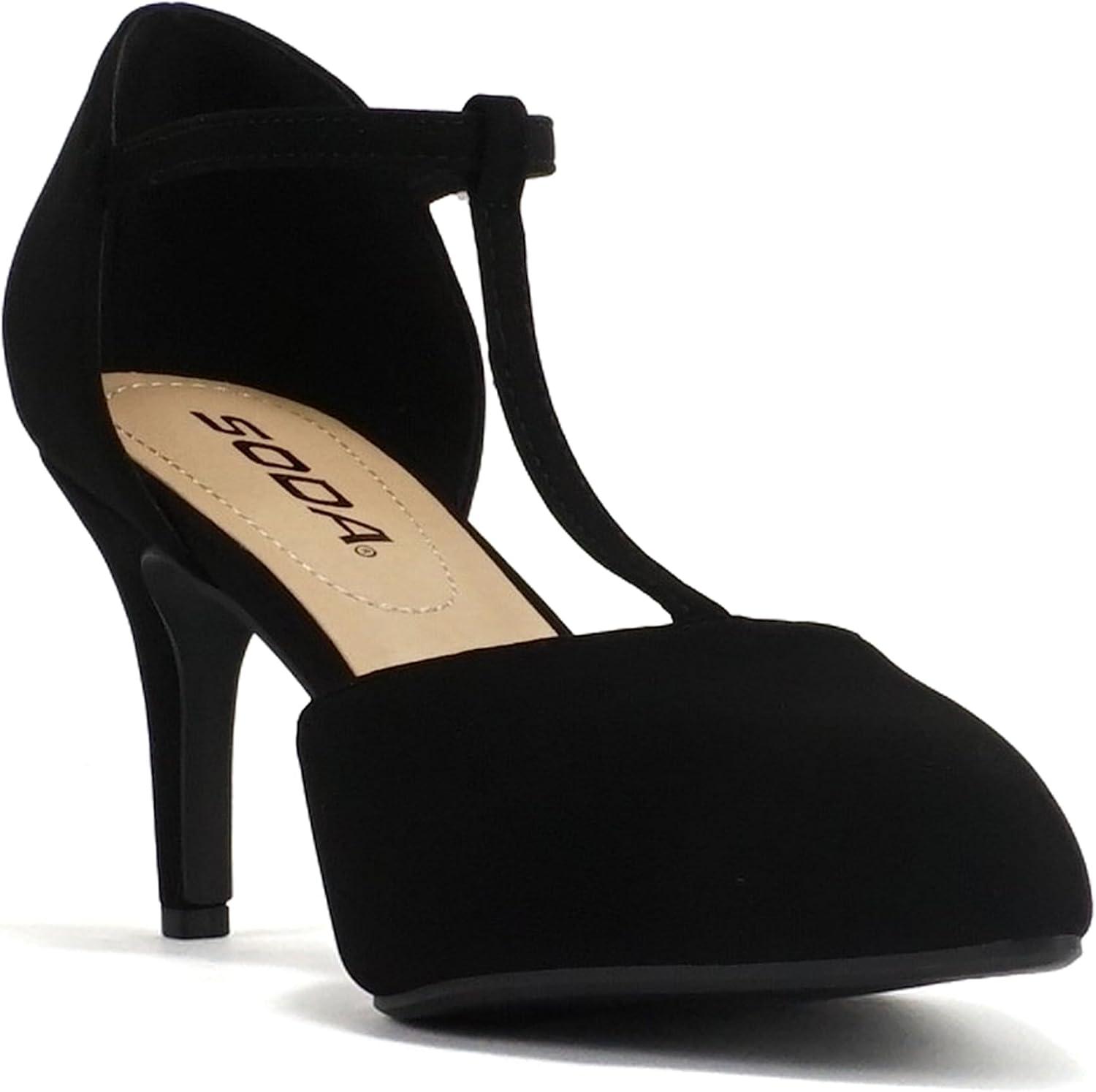 imageSoda Bahia  Women Pointed Toe Closed Back Counter Stiletto Mid Heel TStrap Pump ShoeBlack Nubuck